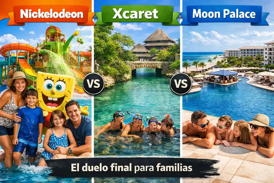 Comparativa Nickelodeon Riviera Maya vs Hotel Xcaret vs Moon Palace Cancún hoteles familiares
